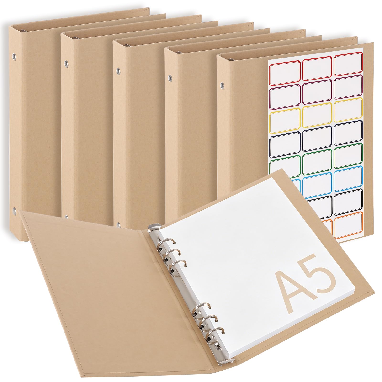Aramanara 6 Pcs A5 Ring Binder Folder, Refillable 6 Ring Binder Folder, Kraft Paper Binders, Brown Kraft Folder with Label Sticker for Travel Journal, Business Book, Office Supplies