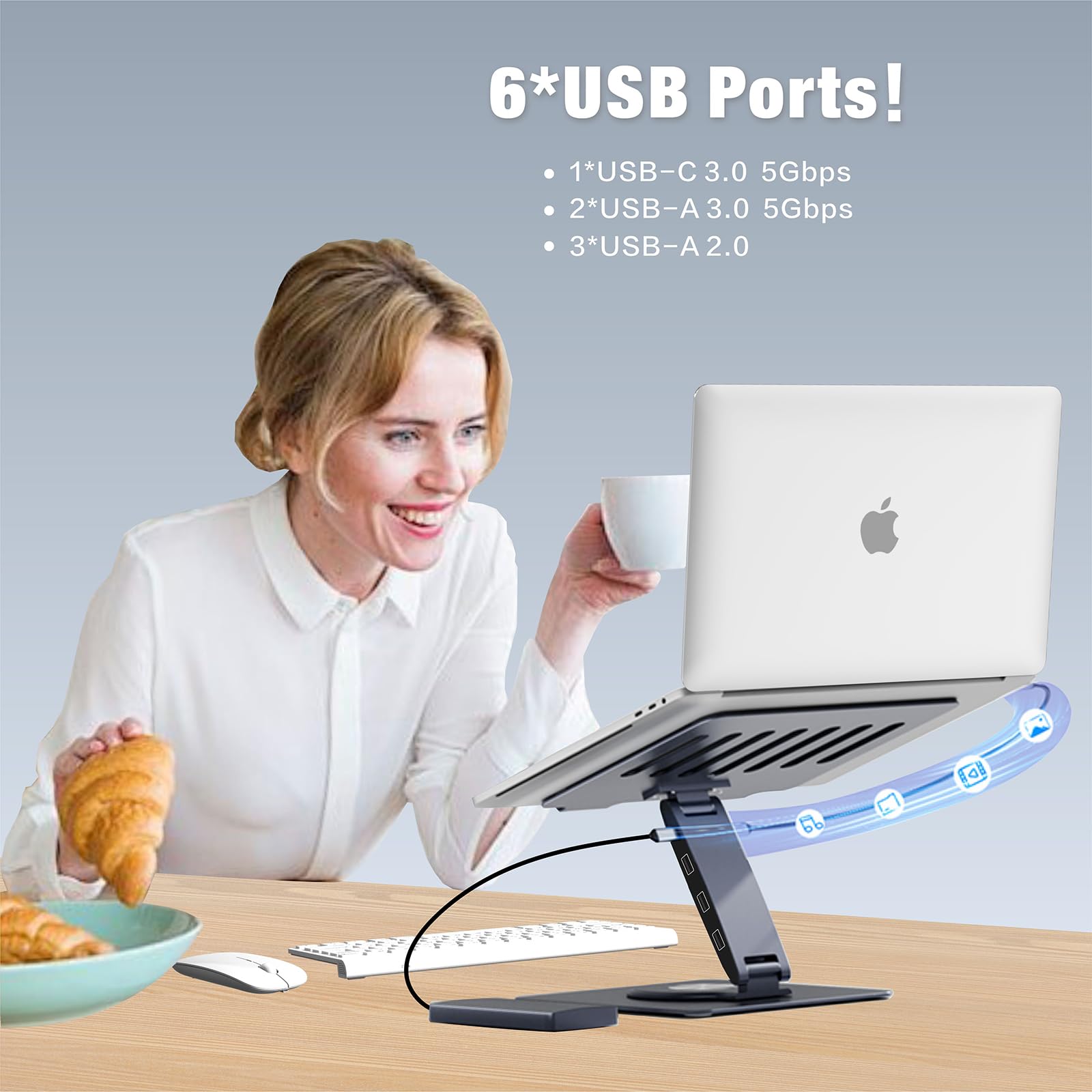 Soporte ajustable para computadora portátil con estación de acoplamiento 9 en 1, elevador de aluminio para portátil con hub USB, giro de 360°, pantalla dual HDMI 4K60Hz, 3 USB 3.0, carga PD de 100 W