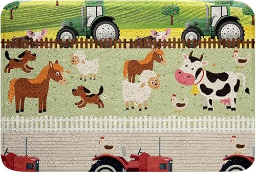 Miniatura 1 de Alfombra de baño para niños con dibujos animados de animales de granja, con bonitos tractores, alfombra de baño para niños, estilo rural, alfombra