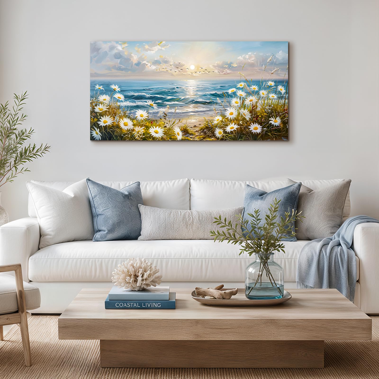 SERIMINO Aesthetic Wandbild Meer Wildblume Bilder Wohnzimmer 59x119 cm | Gänseblümchen Meer Wanddeko Hochauflösender Druck Stabiler Holzrahmen Geschützte Leinwand Einfache Montage Vielseitig Nutzbar
