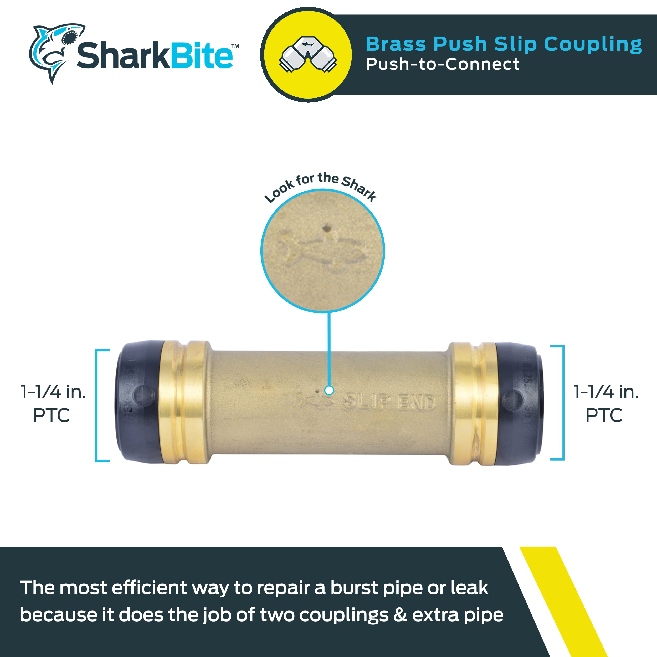 SharkBite 1-1/4 Inch Slip Coupling, Push to Connect Brass Plumbing Fitting, PEX Pipe, Copper, CPVC, PE-RT, HDPE, UXL0635 - Image 2