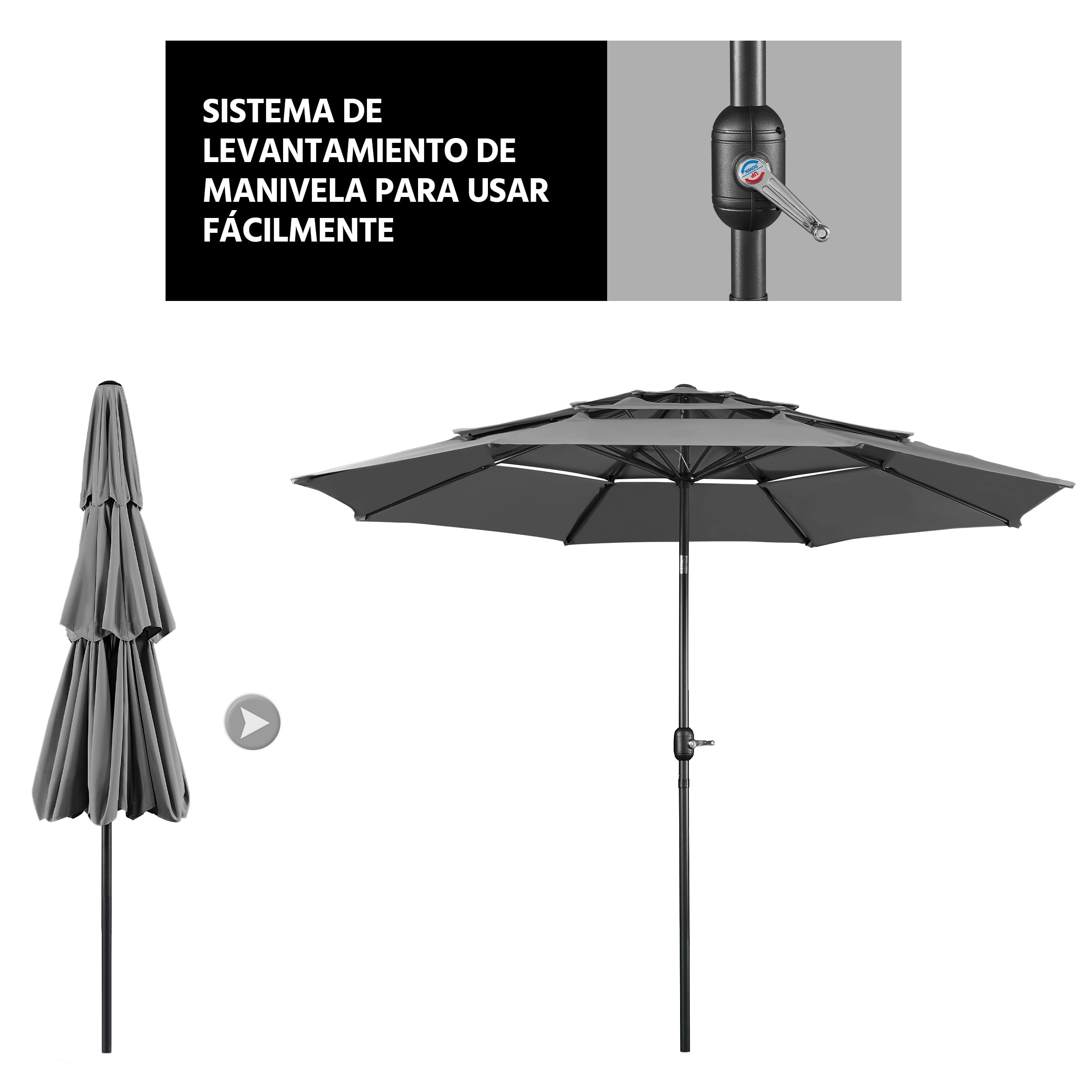 Yaheetech Sombrilla de Jardín 3 Niveles 3.24M Ventilación 8 Varillas Gris | Protección UV,Toldo Inclinable,Tres Niveles de Ventilación,Estructura Metálica Robusta,para Terraza/Patio/Piscina/Restaurante