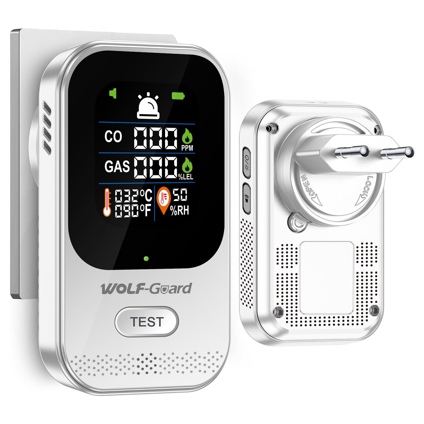 Wolf Guard 4 in 1 Rilevatore di Gas e Monossido di Carbonio con Spina per Casa, Rivelatore di Gas Combustibile per Gas Naturale LPG Metano Propano Butano, con Batteria, HD12-CG (Batteria 2000 mAh)