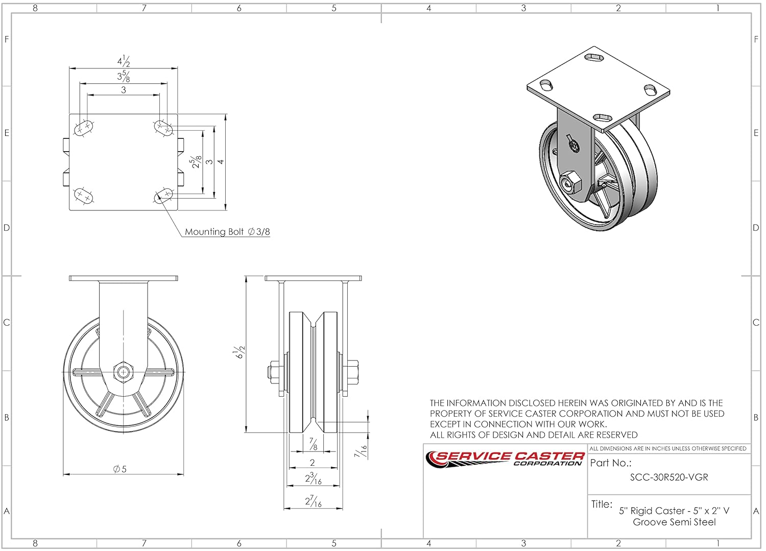 5 Inch V Groove Semi Steel Wheel Rigid Caster with Roller Bearing