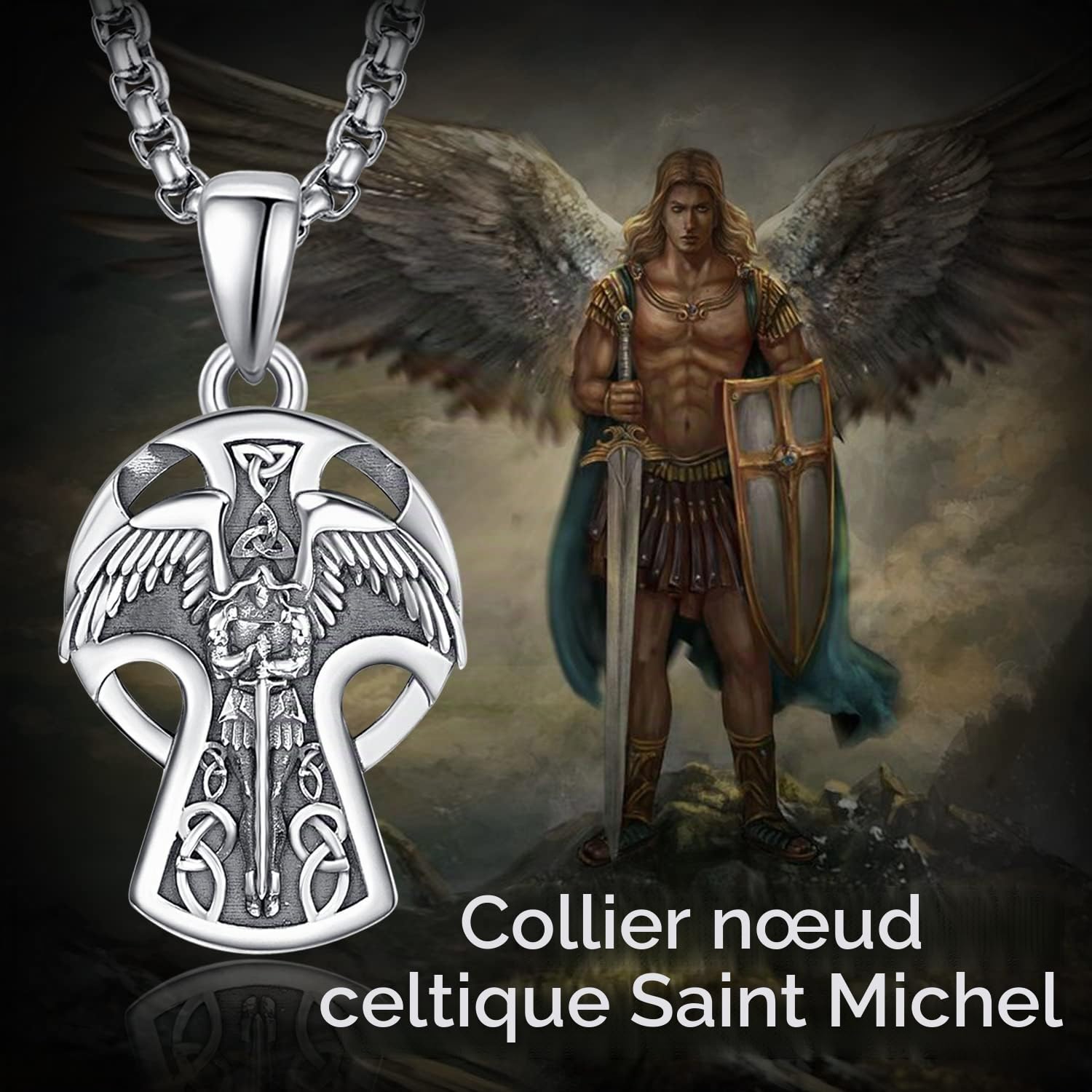 KINGWHYTE Collier Saint Michel en argent massif 925 Collier de croix celtique Saint Michel Archange Pendentif pour homme Pendentif de protection avec chaîne Rolo de 56 cm + 5 cm Eusense Archange
