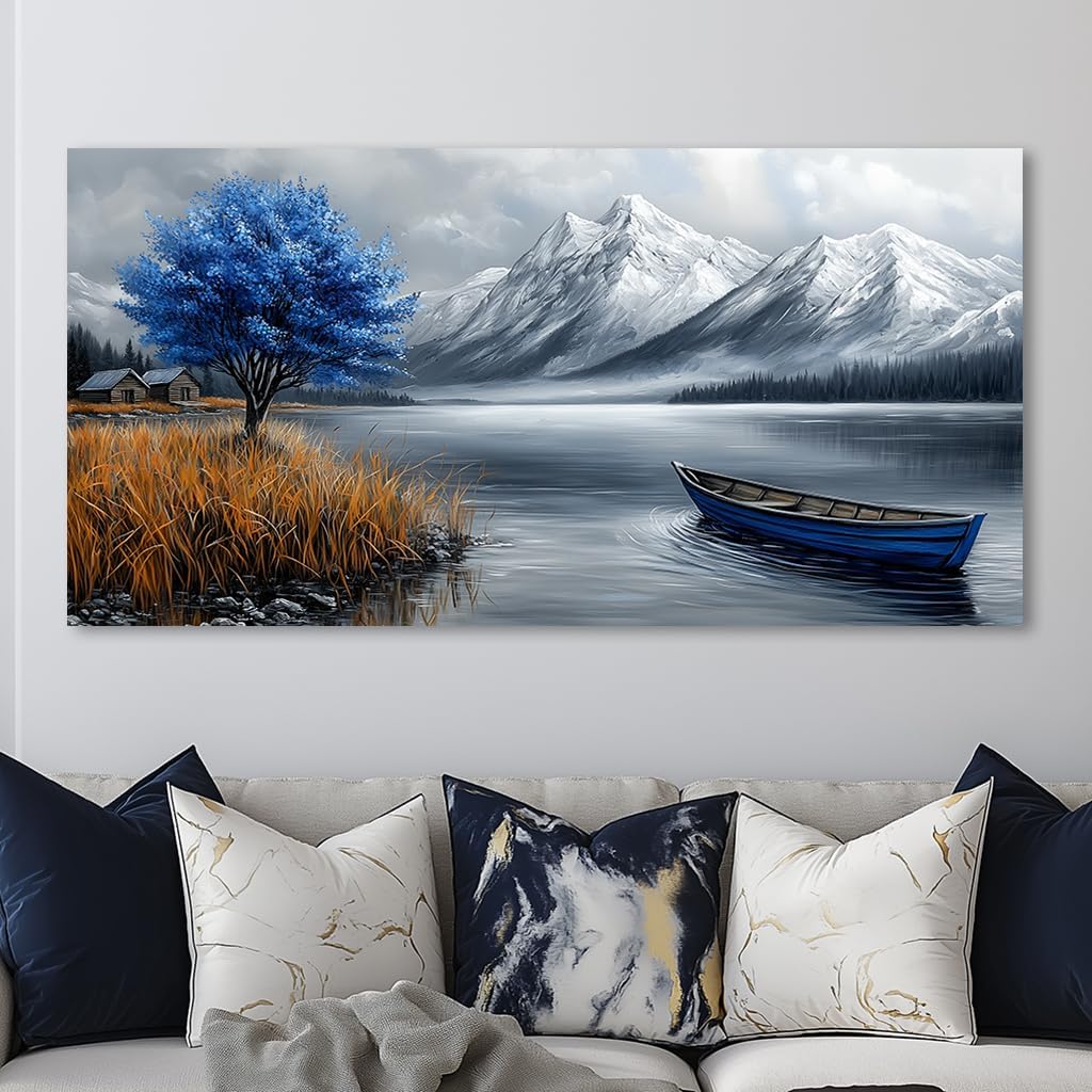 GAFSING Navy Blue Lake Wall Art for Living Room Office Calming Boat Mountain Cabin Painting Prints Vintage Canvas Artwork Farmhouse Bedroom Decor (16x32 Inches)