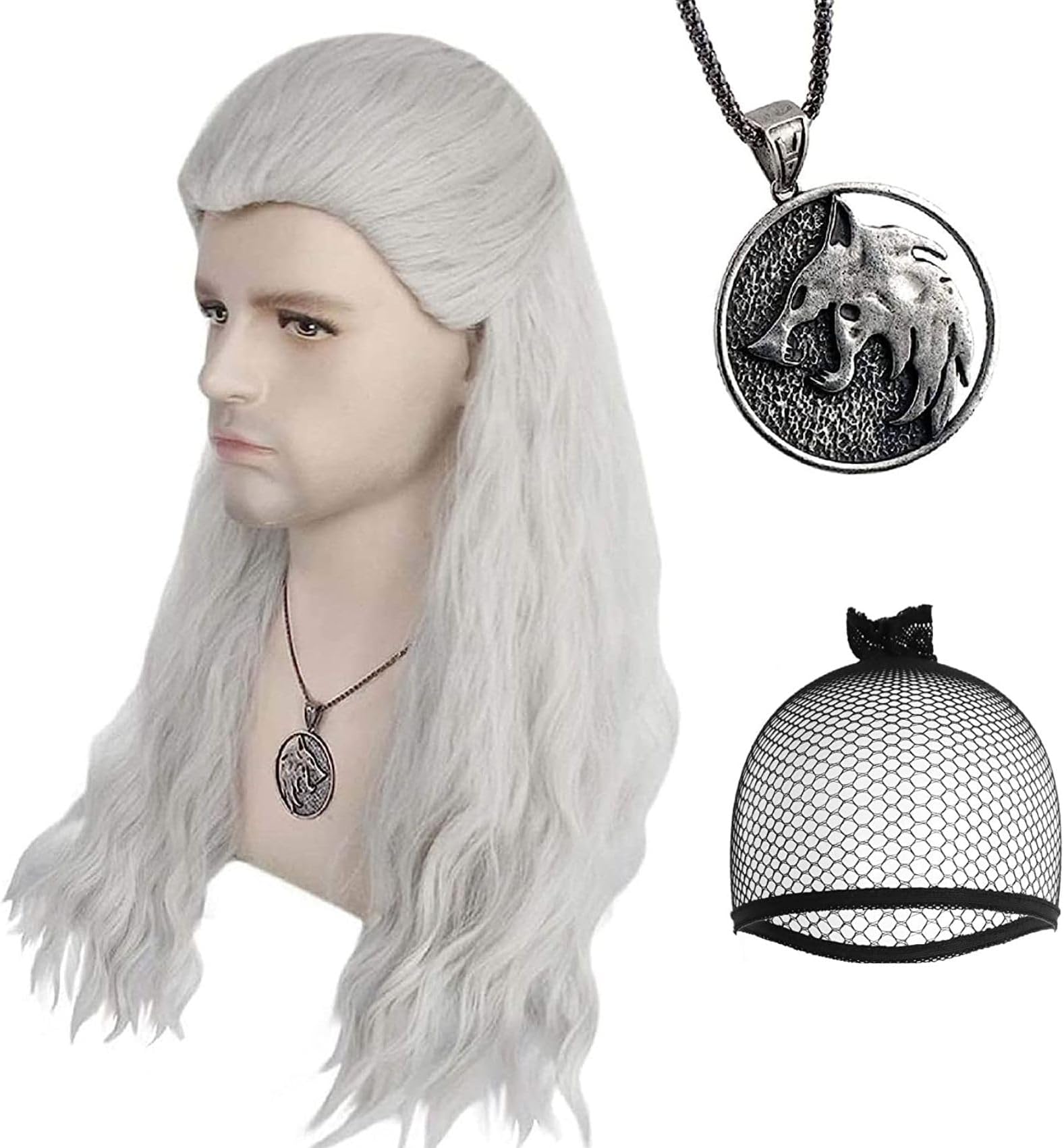 Hair Cap+(1 Necklace) Silver White Wig Cosplay for Men Long Silver White Wavy Wigs with Necklace Costume Wig for Halloween