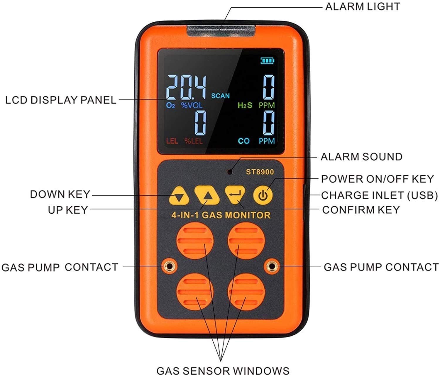 Précis Détecteur Portable Multi-gaz - analyseur de testeur de Compteur de Moniteur à 4 gaz (H2S, O2, CO et LEL) Moniteur de gaz avec Alarme de Type Voix Détecter