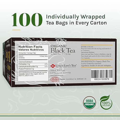 Miniatura 2 de Uncle Lee's Tea Té negro orgánico  Té de primera calidad, con cuerpo, alternativa al café con cafeína, bolsas de té negro robustas, envueltas