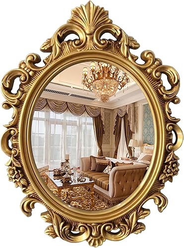 SNWGPLY Espejo de pared decorativo tallado vintage, dorado, plateado, blanco, elegante espejo de maquillaje europeo, espejo antiguo, para sala de