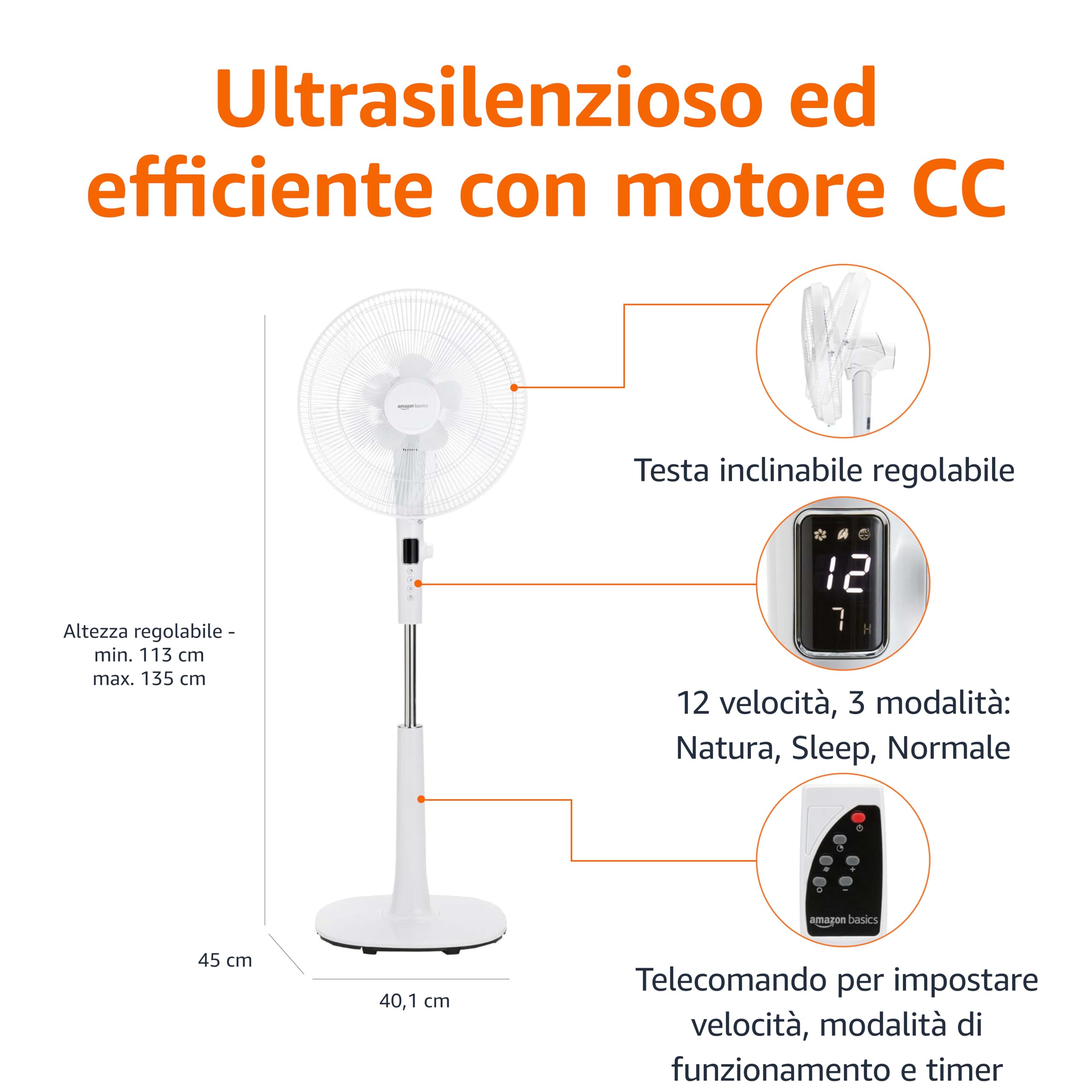 Amazon Basics Ventilatore a Piantana 40 cm, Motore DC, 12 Velocità con Telecomando, 3 Modalità di Brezza, Pale a Doppio Strato, Timer, Efficienza Energetica e Motore DC Silenzioso (28W), Bianco