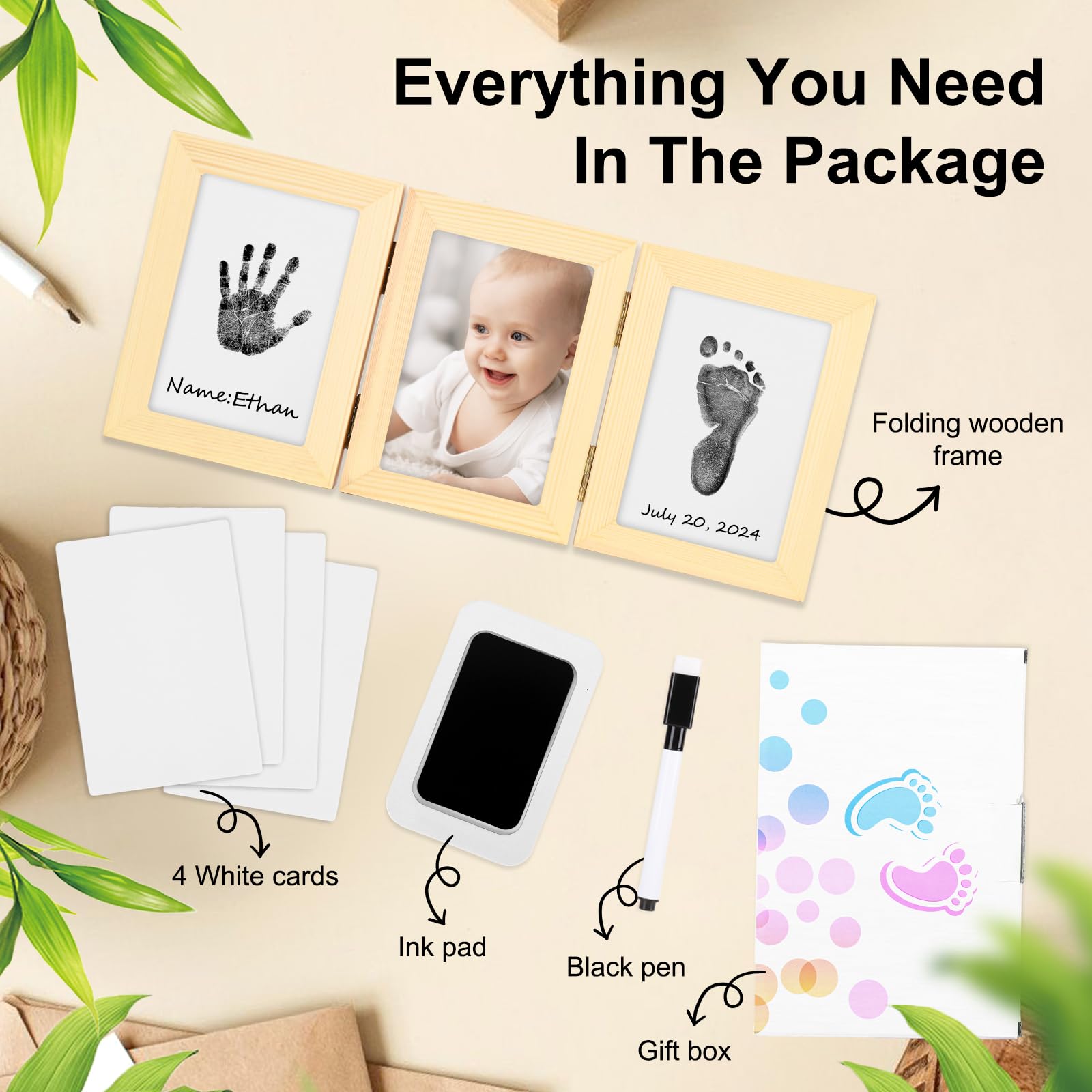 Kit de huellas de manos y pies de bebé, fabricante de huellas y manos sin tinta, regalos para nuevos padres, marco de madera de recuerdo de recién nacido, regalos para baby shower para niños y niñas