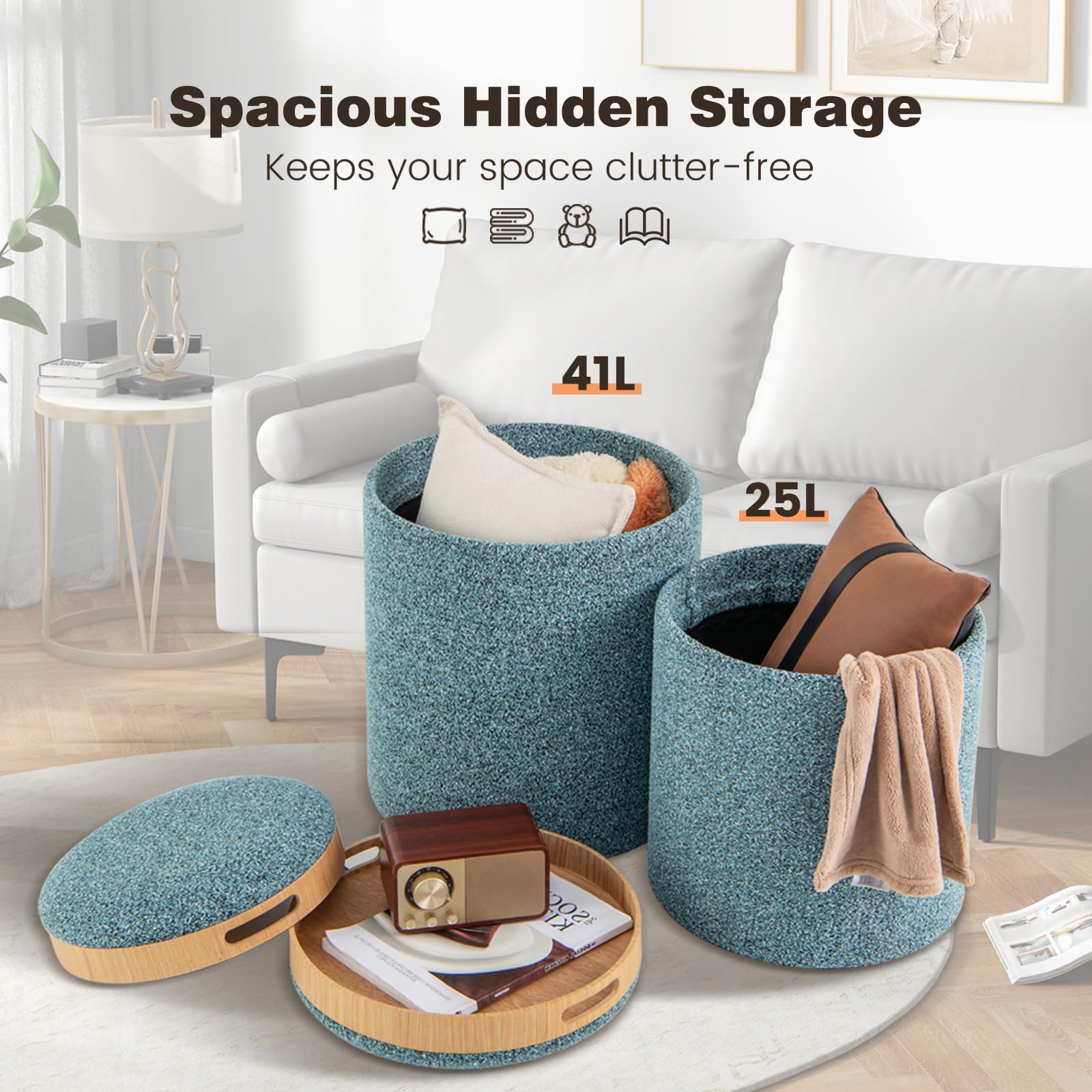 HOMASIS Set di 2 Pouf Contenitore Rotondo, Puff Poggiapiedi con Coperchio Reversibile e Maniglie Laterali, Sgabello Contenitore per Soggiorno, Camera da Letto, Azzurro