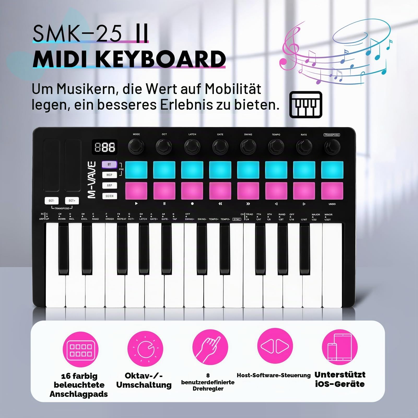 M-VAVE MIDI-Controller für Musikproduktion, verbesserte MIDI-Tastatur, tragbare wiederaufladbare Arranger-Tastatur, RGB-Pad-Tastatur, SMK-25II, schwarz und weiß, eingebauter Akku