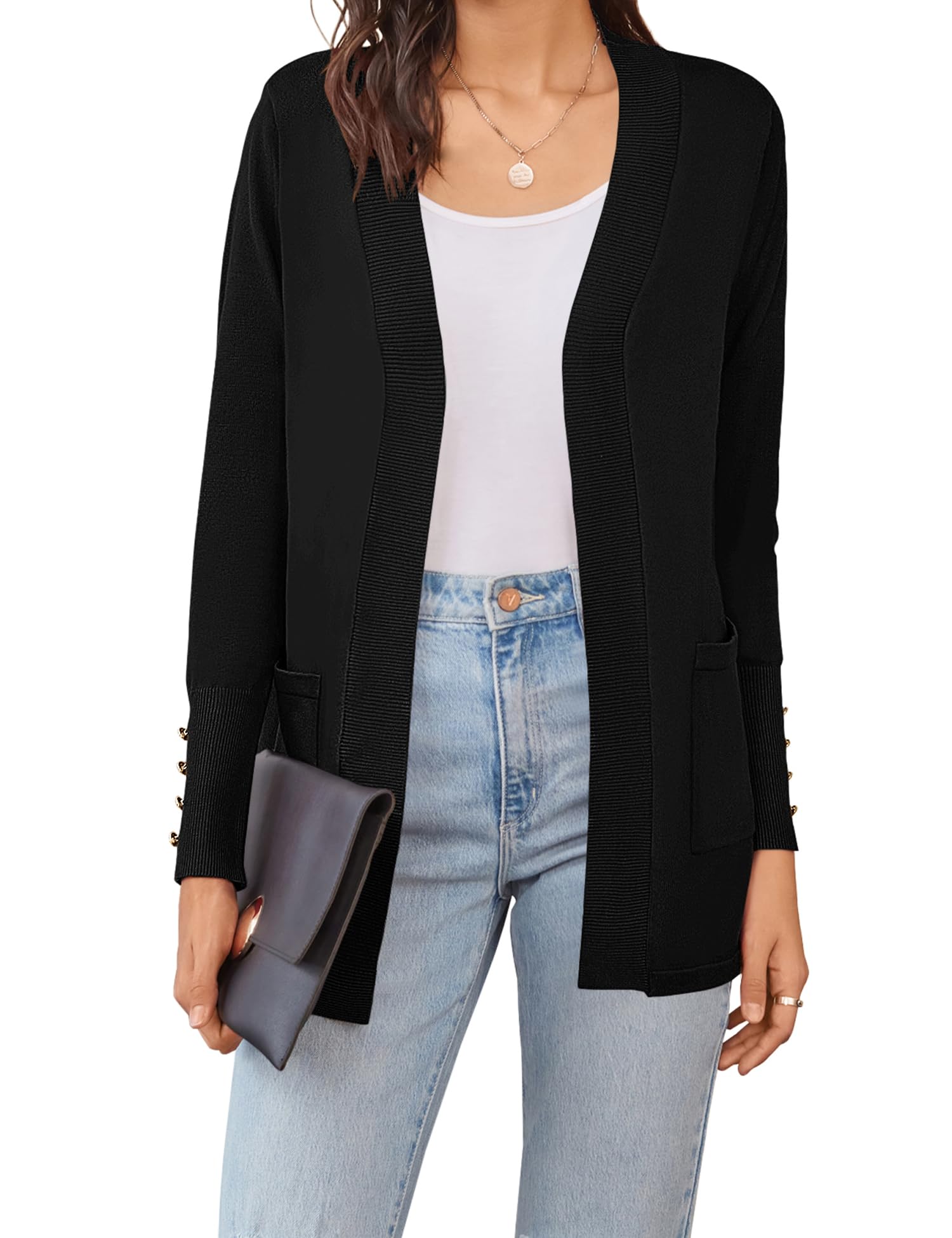 Newchoice Womens Knit Open Front Cardigan Sweaters with Pockets Long Sleeve Dressy Casual Lightweight Cardigans