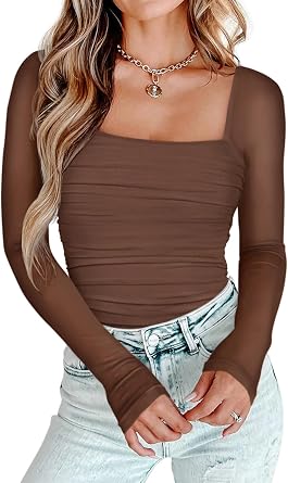 PINKMSTYLE Womens Square Neck Mesh Long Sleeve Bodysuit Sheer Mesh Top | Sexy Country Concert Outfit,Date Night Going Out Top, Club Party Shirts