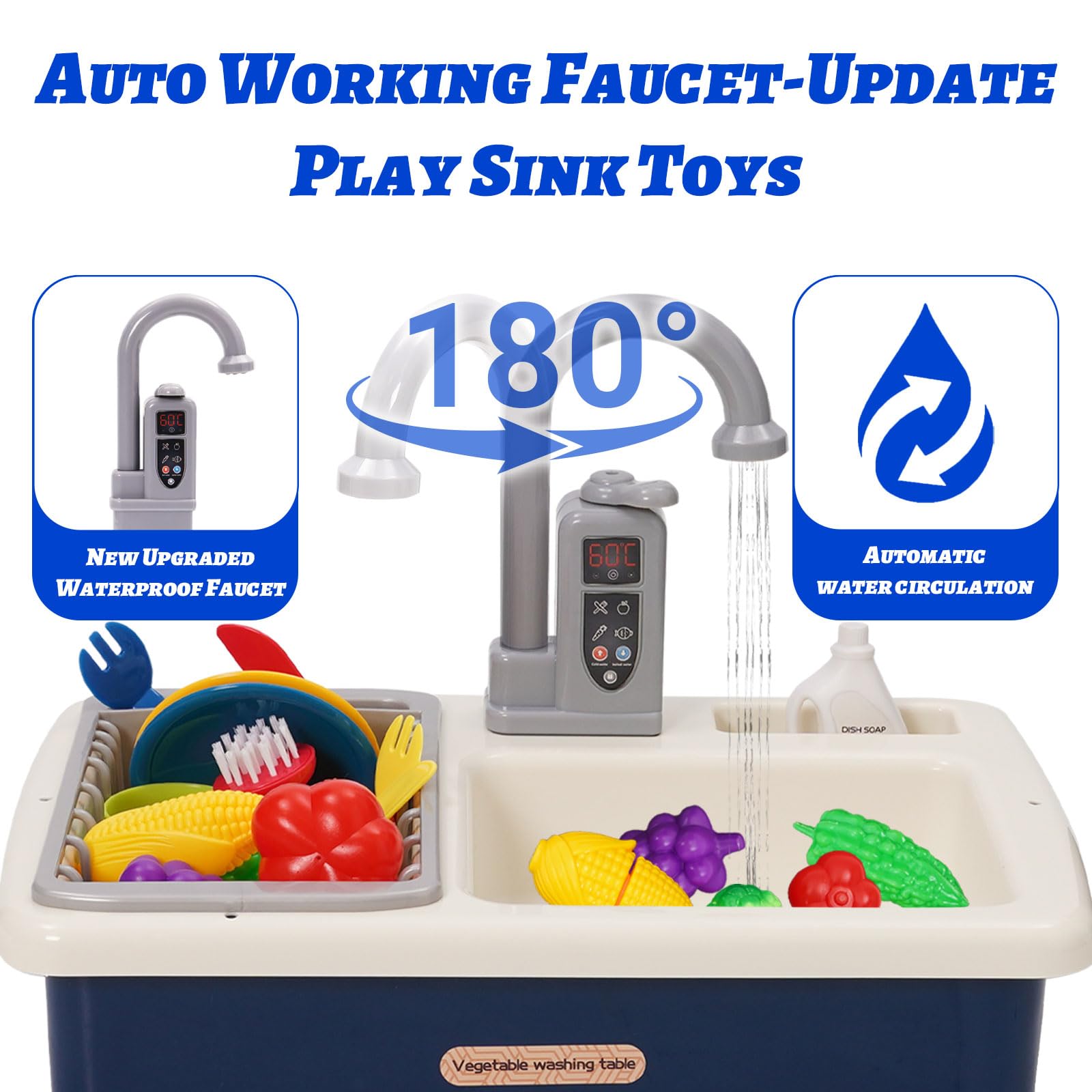 Küchenspüle Spielzeug Set mit Wasserkreislauf, Waschbecken Kinder mit Fließendem Wasser, Spielküche Kinderküche Zubehör, Obst und Gemüse Spielzeug, Rollenspiel für Jungen und Mädchen ab 3 Jahre(Blau)