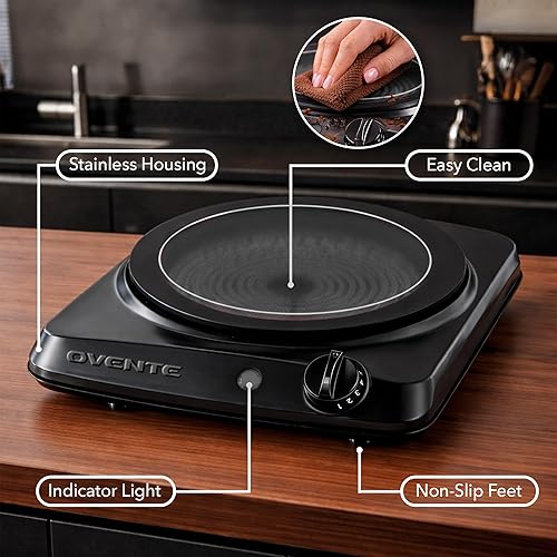 Vista 3 de OVENTE Quemador individual infrarrojo para encimera, placa eléctrica de 1000 W con placa de cocina de vidrio cerámico de 7 pulgadas, ajuste