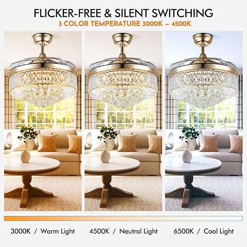 Miniatura 3 de LUOLAX Candelabro de techo de cristal moderno de 42 pulgadas y control remoto, 3 colores y 3 velocidades de cambio, lámpara LED retráctil para sala