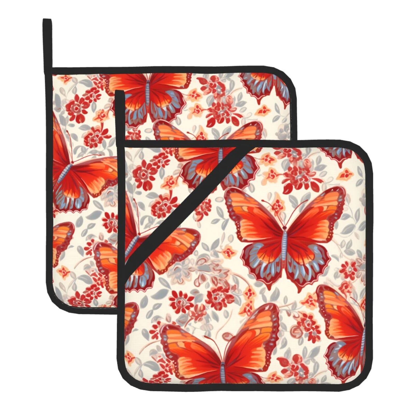HJFCZH Butterfly Pattern Printed Square Insulated Pot Mat Set (2-Piece) 8x8in Waterproof, Thickened & Easy to Clean with Lanyard Design for Kitchen, Oven & BBQ
