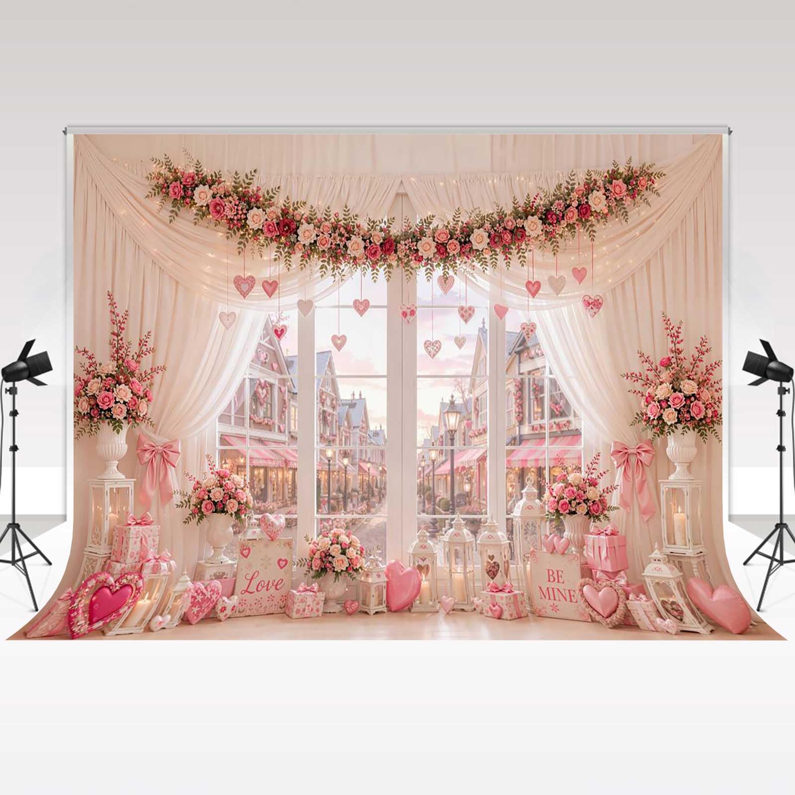 Kate Sfondo Fotografico 8x8ft San Valentino Parigi Finestra Cuori Fiori