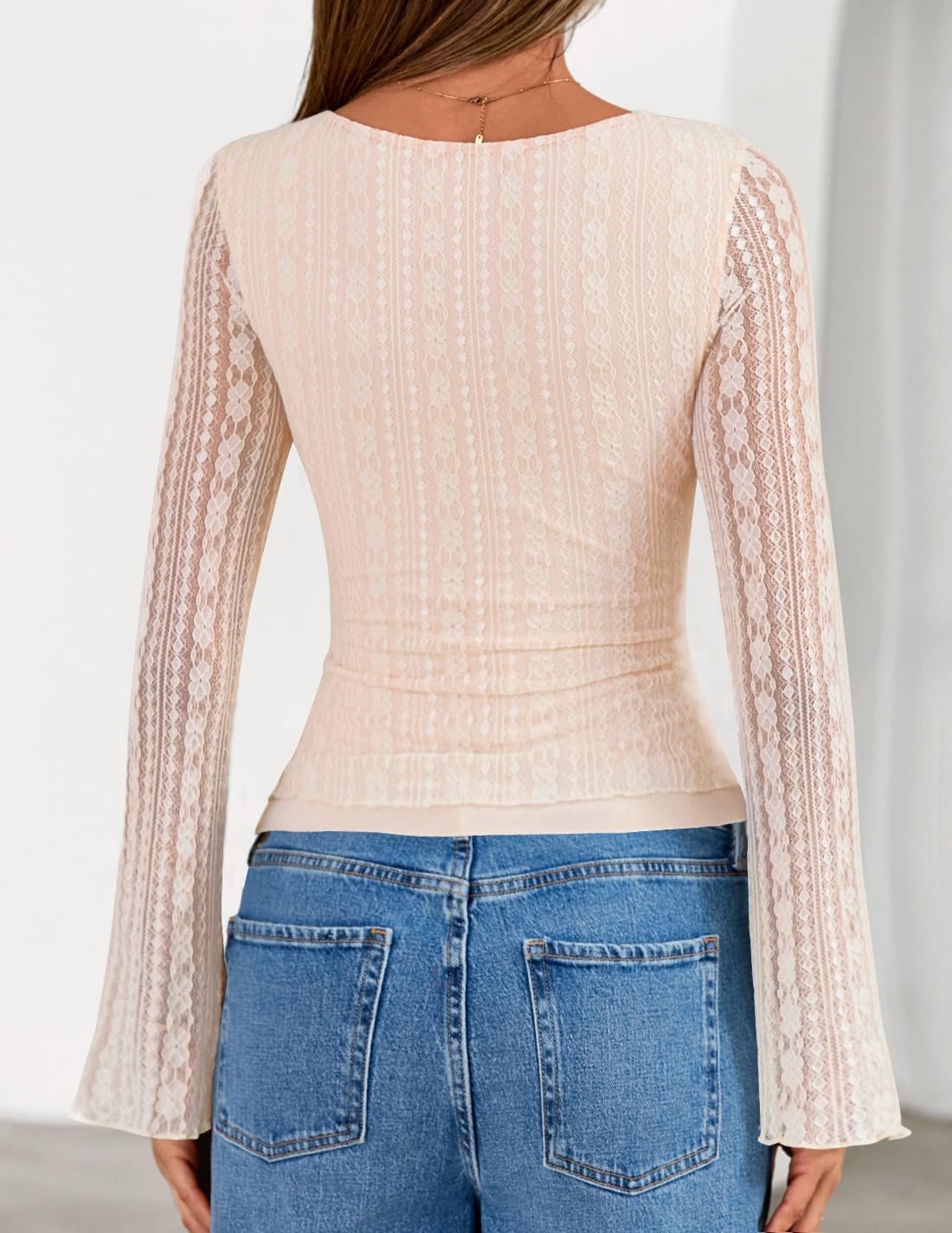 ZESICA Womens 2026 Spring Summer Lace Mesh Sleeve Tops Going Out Double Lined Slim Fit Asymmetrical Shirts Date Night Outfit - Image 3