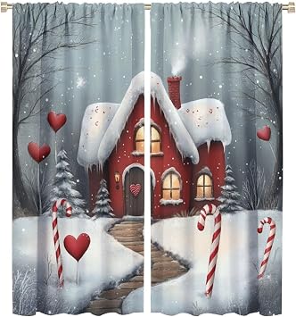 Cute Cartoon Red House Blackout Curtains for Bedroom Living Room, Christmas Cabin Candy Canes Curtains Rod Pocket Thermal Insulated Window Drapes, 2 Panels/Each 21" W x 45" L