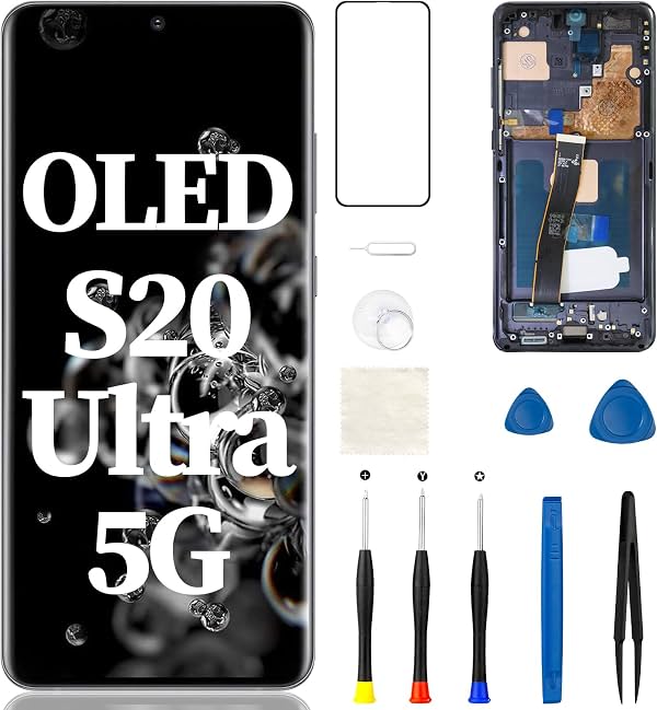 Pantalla OLED de repuesto para Samsung Galaxy S20 Ultra 5G con marco | Botón lateral Touch 3D LCD SM-G988U Digitizer Kit de reparación completo 6.9 pulgadas