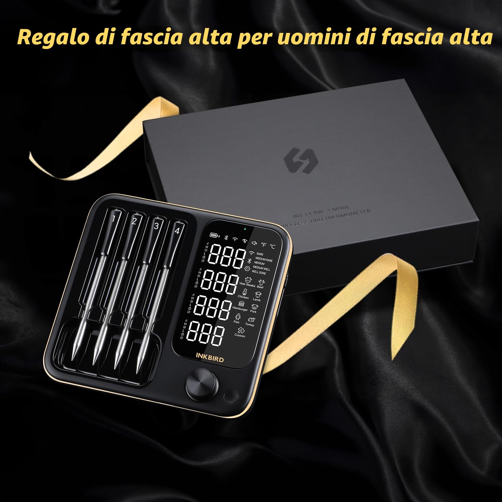 INKBIRD Termometro Carne Wireless con 4 Sonde per Forno,Cucina, Barbecue,Termometro BBQ con APP INT-14-BW,WiFi e Bluetooth,Impermeabile,Istruzioni in italiano