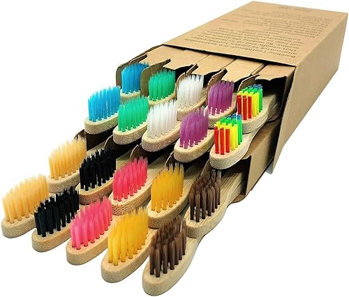 Miniatura 8 de Cepillo de dientes de bambú con cerdas de carbón suave, paquete de 10 cepillos de dientes de madera natural, mango redondo con fondo de pie de