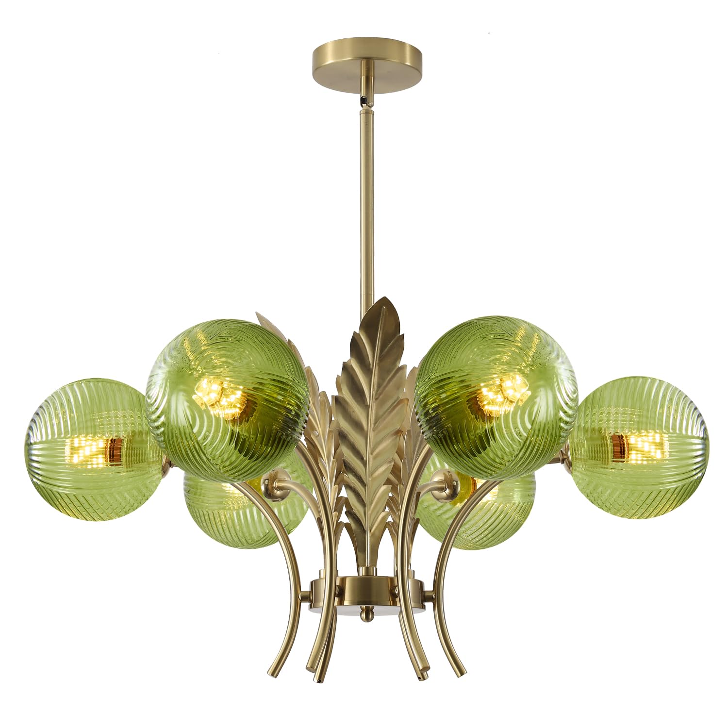 KCO Lighting Modern 6 Lights Chandeliers Ceiling Light, E27 Mid Century Gold Sputnik Chandelier with Green Glass Shades,Hanging Pendant Light Fixture Classic Adjustable Height Semi-Flush Mount Ceiling