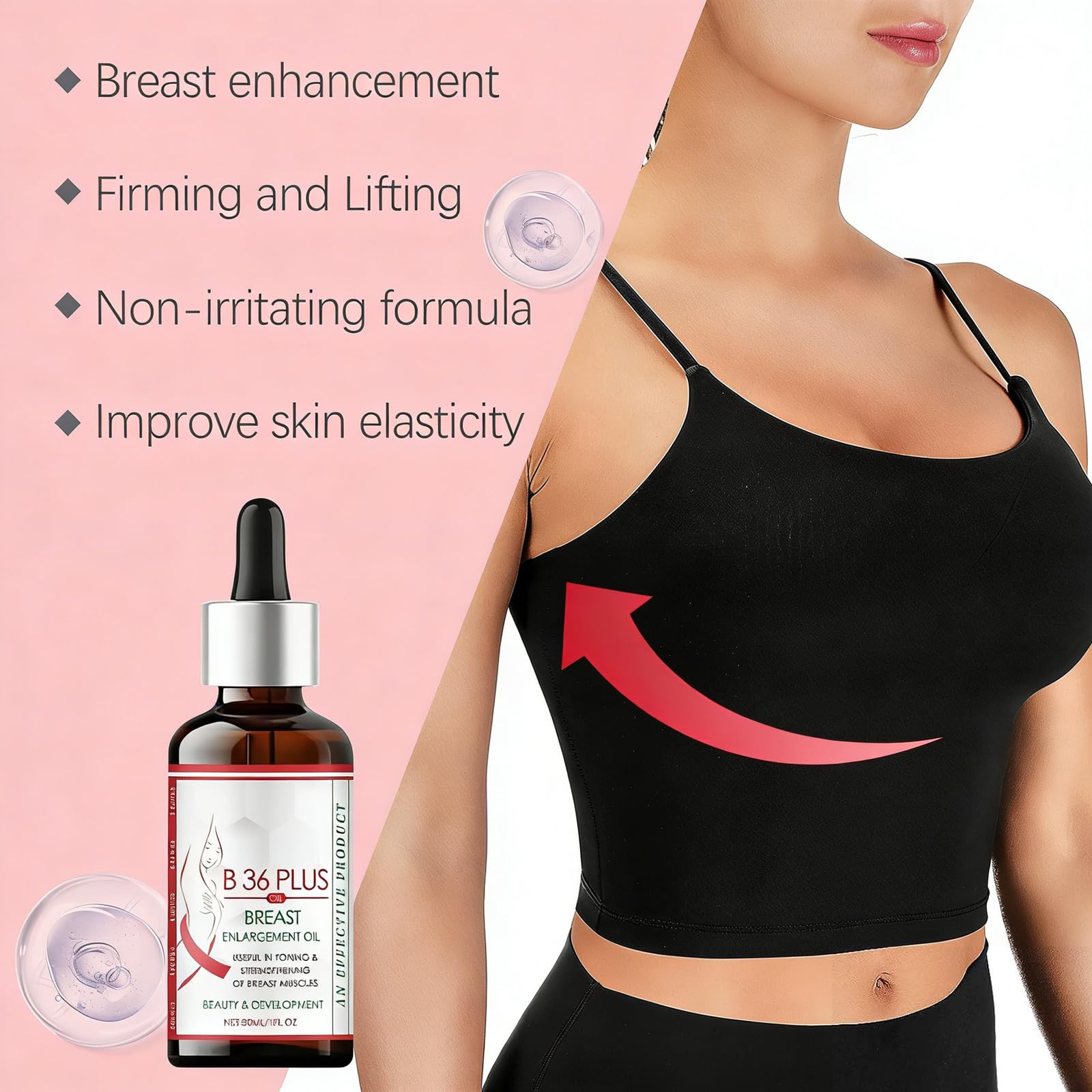 Olio rassodante per il seno, olio essenziale naturale rassodante per il seno, idratante e nutriente per la pelle del décolleté, crescita rapida delle curve naturali del seno 2*30 ml