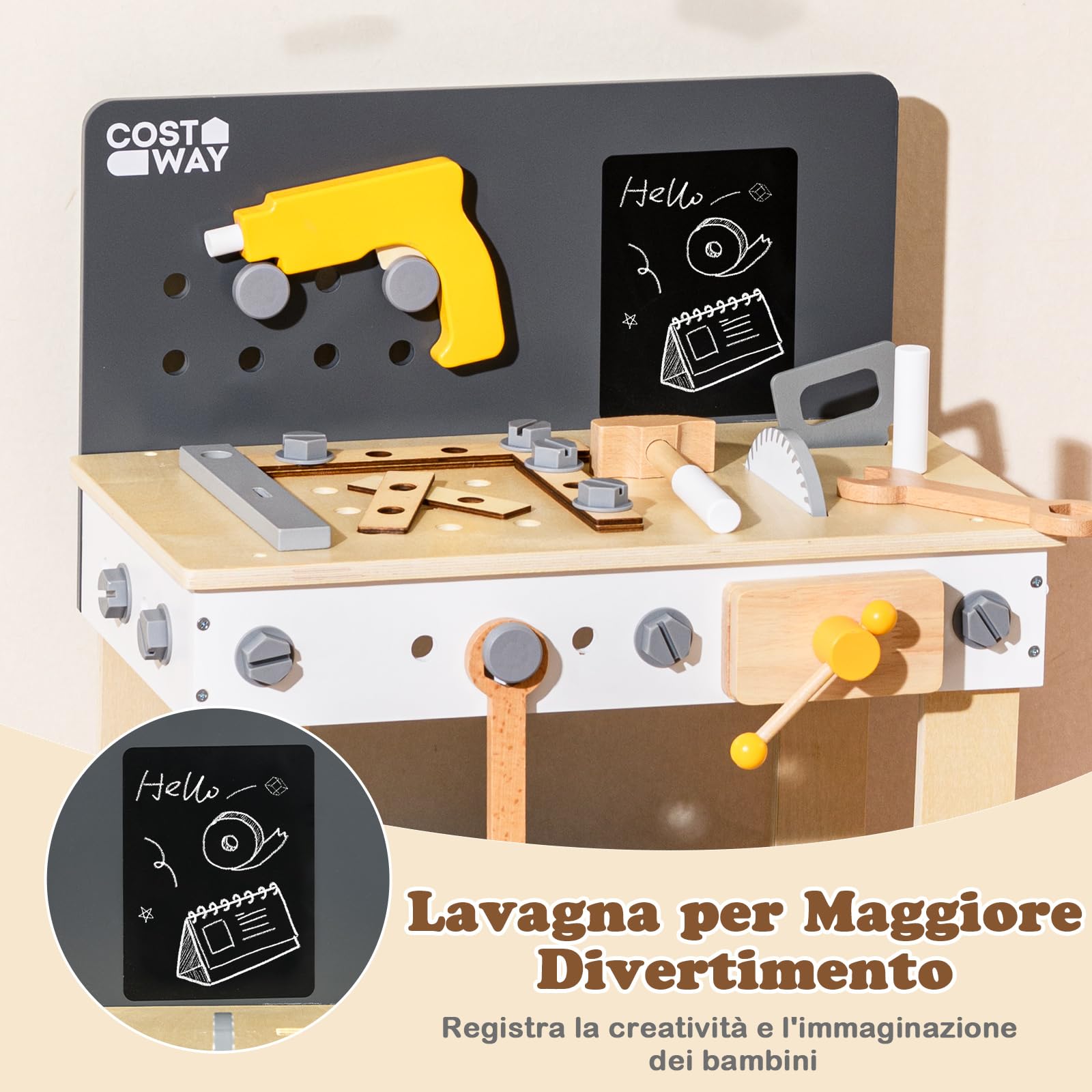 RELAX4LIFE Banco da Lavoro per Bambini con Set di Attrezzi, Pannello a Fori, Lavagna, 36 Accessori, Giocattolo Educativo da Costruzione per Bambini 3+ Anni