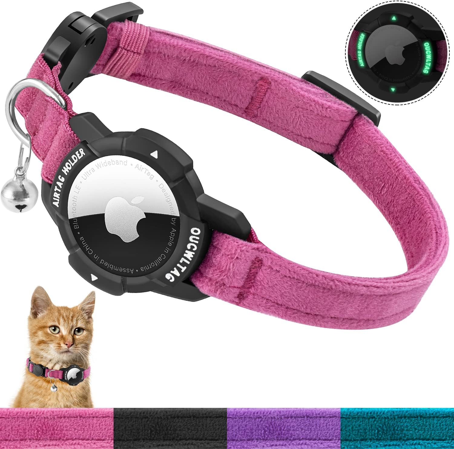 Luminous AirTag Cat Collar Breakaway, GPS Cat Collar with Apple Air Tag Holder, Cat Tracker Collars with Safety Elastic Band for Girl Boy Cats, Kittens and Puppies (Pink, 7-10 Inch)
