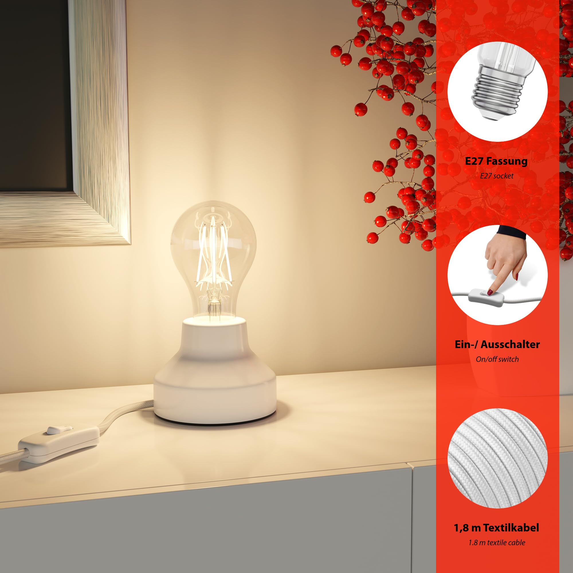 ledscom.de 2x lampada da tavolo TIX, interruttore, porcellana, bianco, 1x E27 max. 300W