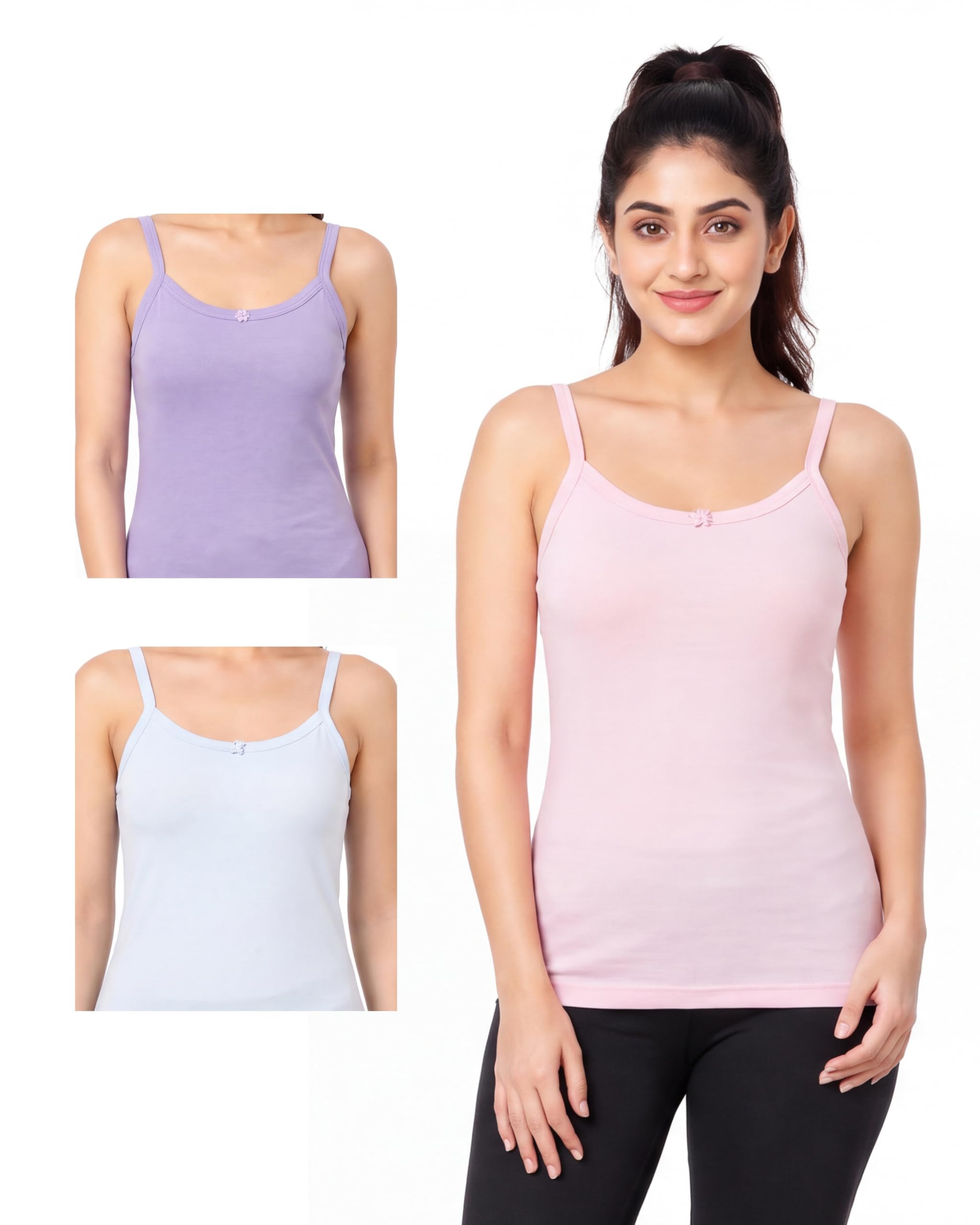 opex Women's Nia Cotton Camisole Vest | Soft Sleeveless Innerwear with Fixed Straps | Breathable Everyday Layering Camisole for Women (Pack of 3-picture-27