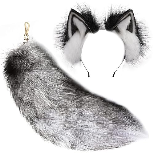 YXCFEWD Fox Costume Fox Ears Therian Tail Set Cat Wolf Ears Fluffy Furry Tail Over 1 Years Old - Gray With White