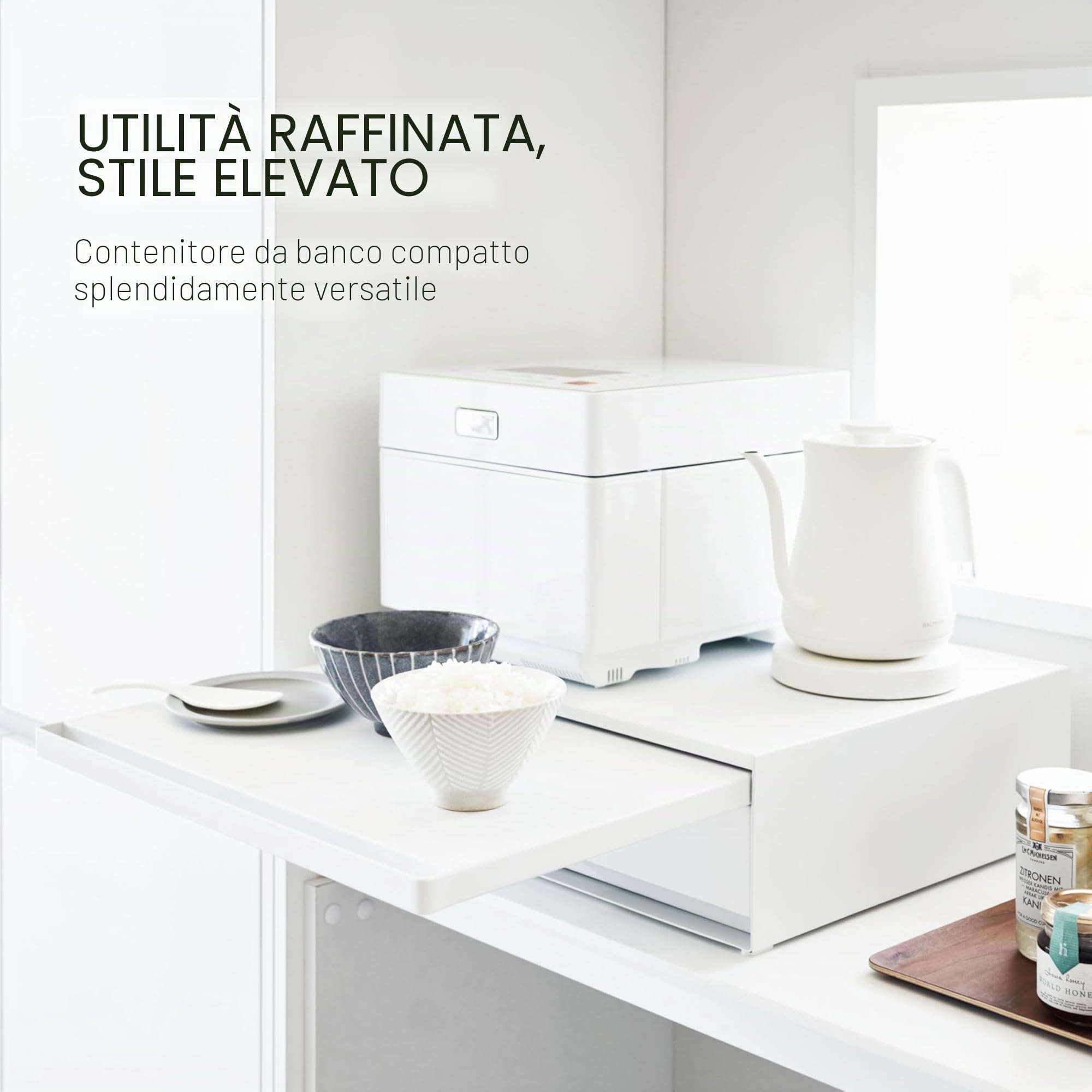 YAMAZAKI 2007 TOWER Sliding Countertop Tray with Drawer, white, Steel, 45 x 39.3-64 x 13.5 cm