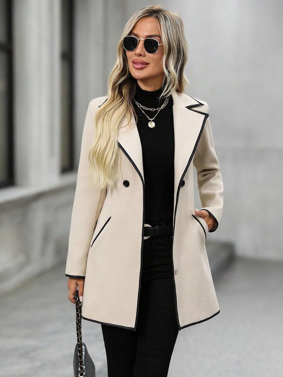 Womens Winter Long Sleeve Double-Breasted Casual Jacket Coat With Trim Outfits Coat Jacket