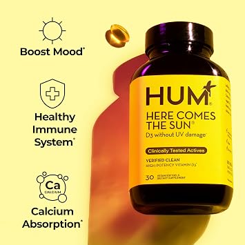 HUM Here The Sun Vitamin D3 Immune Support & Bone Health, 30 Count | 2000 IU D3 from Lichen, Women & Men, Non-GMO, Gluten Free, 30 Capsules