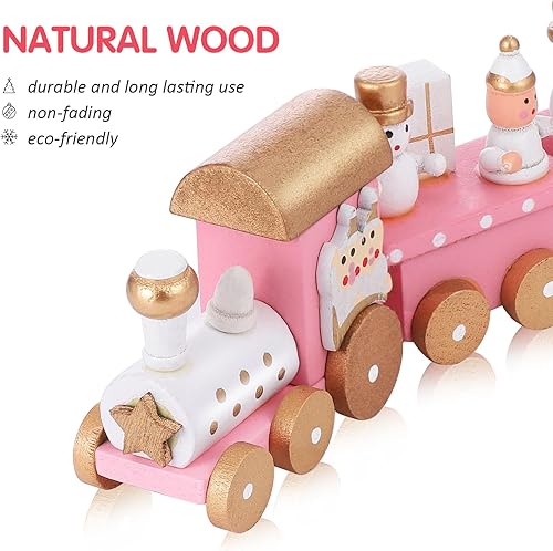 Miniatura 3 de TOYANDONA Tren de Navidad de madera, juego de tren rosa, mini decoración de mesa de Navidad con muñeco de nieve para fiesta de Navidad, fiesta