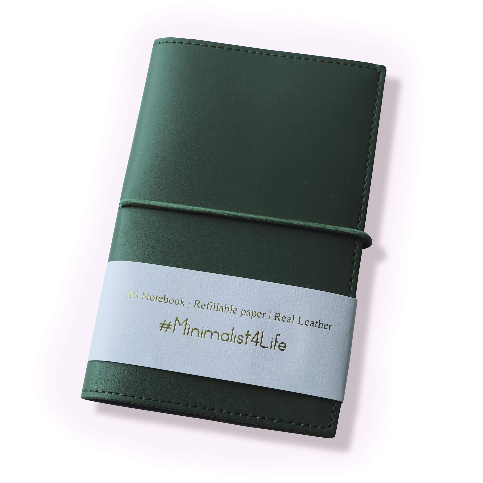 Minimalist4Life REAL Leather Notebook Dark Green 6" x 3.9" | take notes, pocket notebook, field notes | refillable FSC lined pages | pen loop | For students, office, minimalists