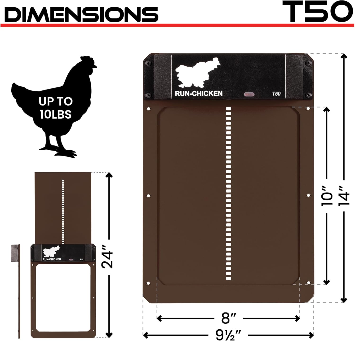Diagram showing dimensions of the RUN-CHICKEN T50 door, including overall size and opening size