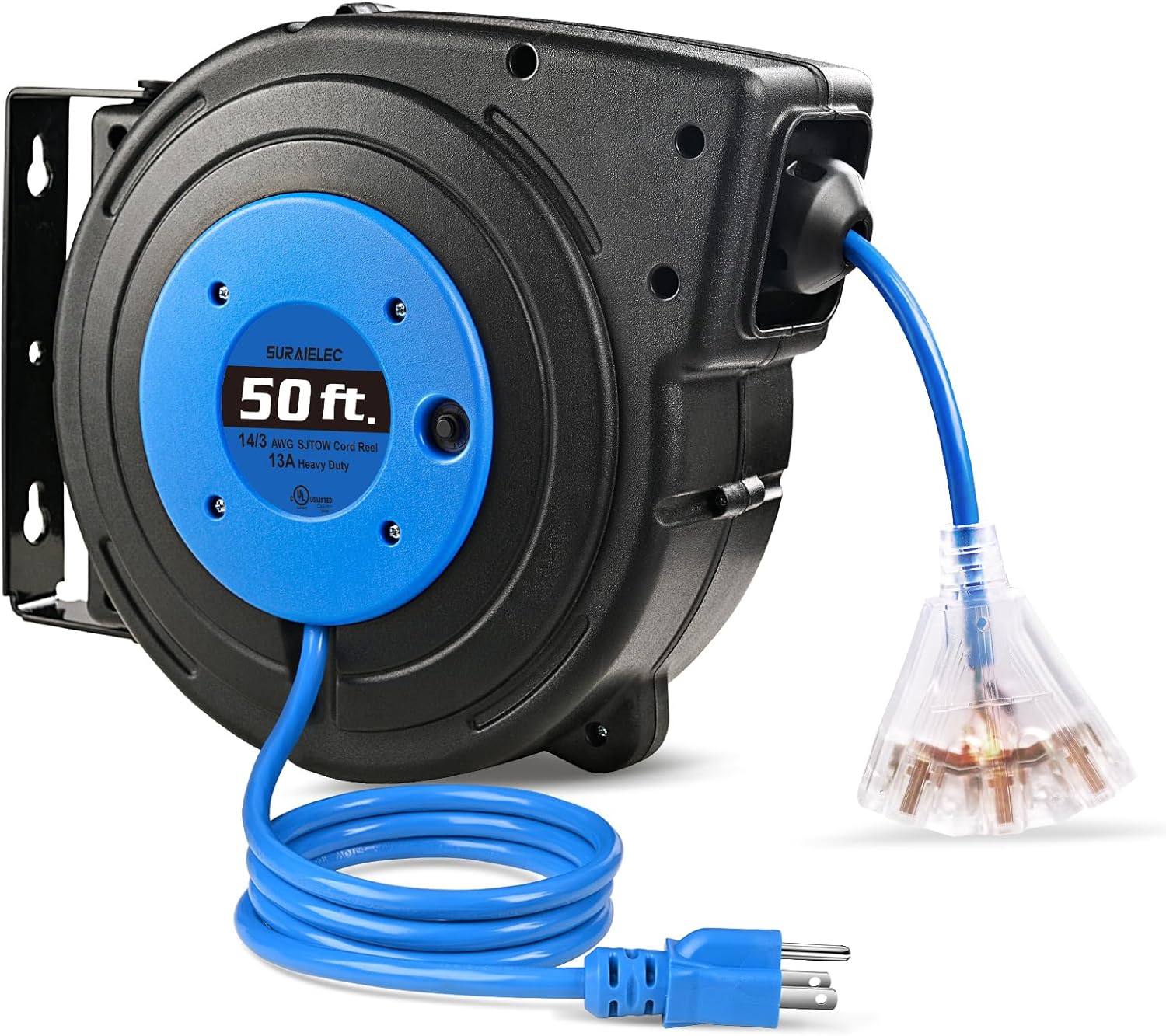 SURAIELEC Retractable Extension Cord Reel, 50 FT 14 AWG/3C
