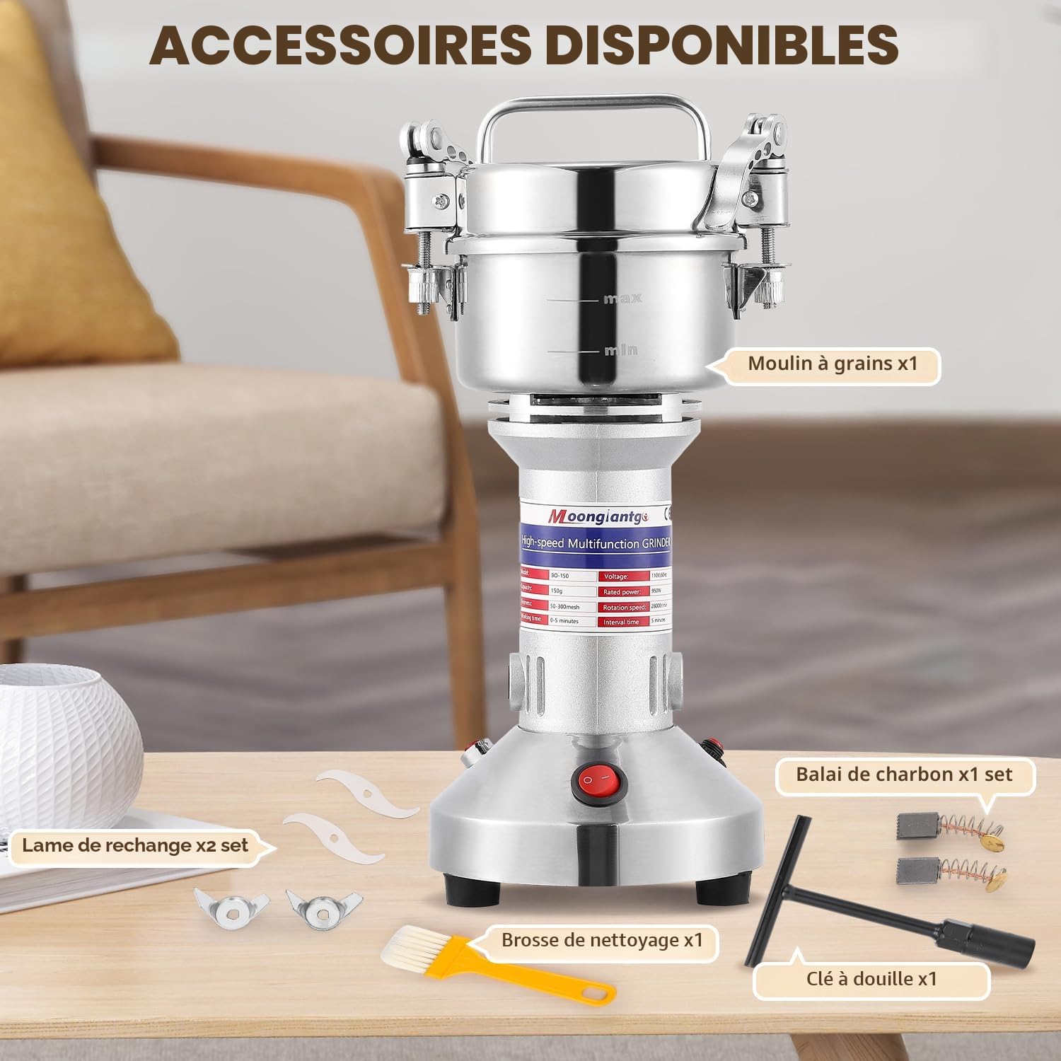 Moongiantgo Moulin à Céréales Électrique Moulin à Grains 950W 28000RPM, Broyeur Ultrafin 150g en Acier Inoxydable Moulin à Epices avec Moteur Commercial &Protection Surcharge pour Grains/Épices/Herbes