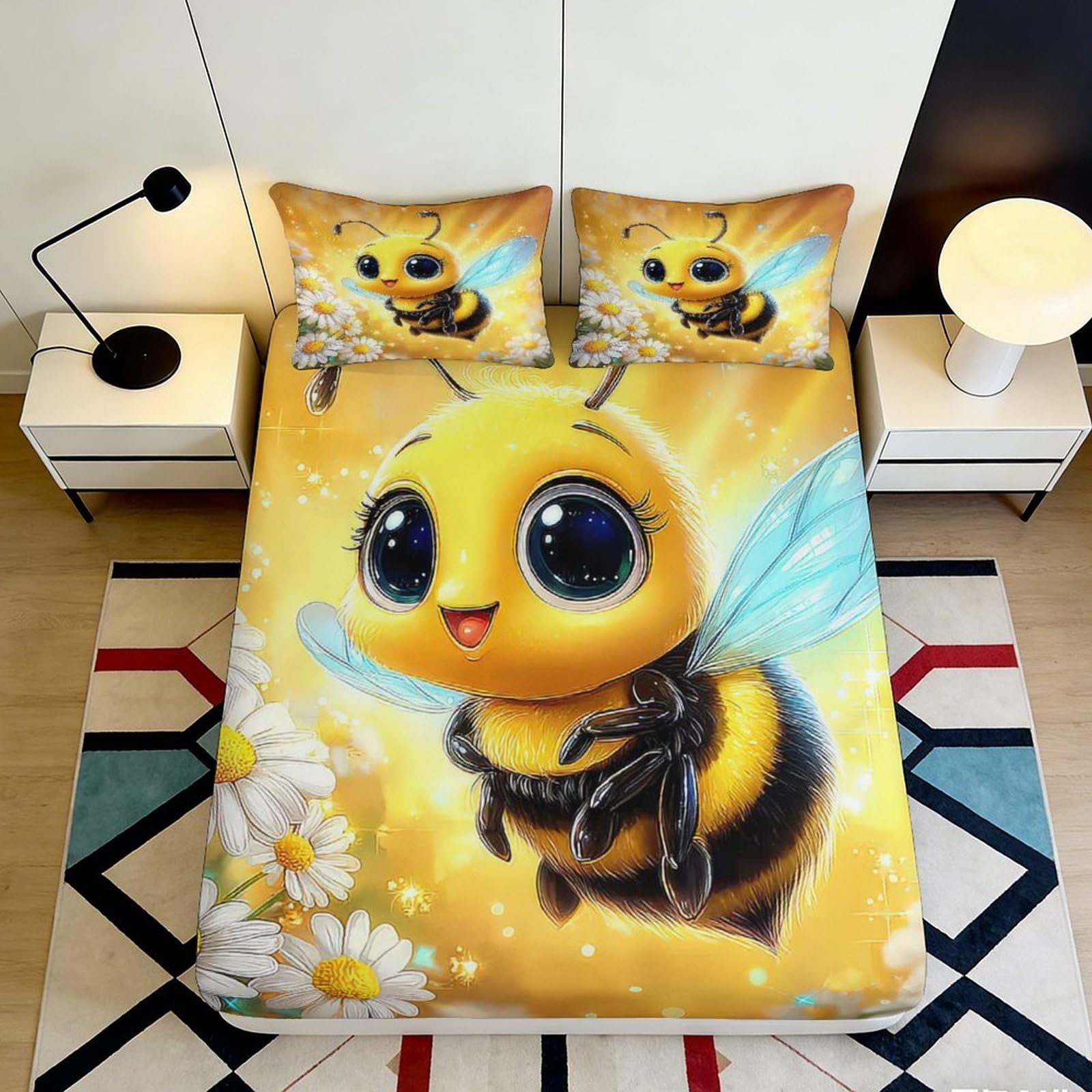 3D Printed Cute Bee Fitted Sheet Microfiber Soft Yellow Cartoon Flower Mattress Cover for Bedroom Dorm Decor 90x200x25cm