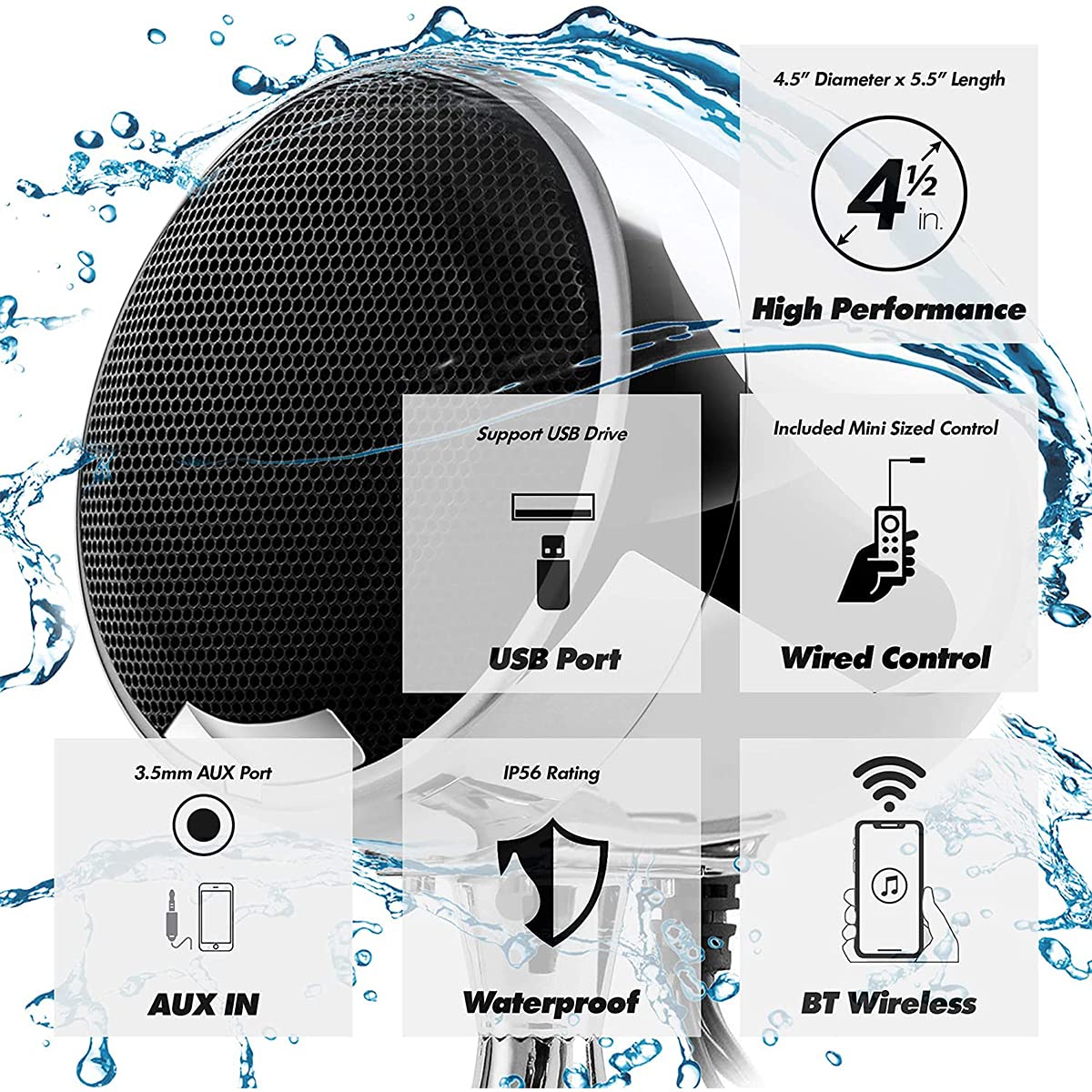 600W Amplificatore integrato 4.5" Bluetooth impermeabile Altoparlanti stereo per moto Sistema radio audio per moto con USB AUX MP3, adatto per l'installazione sul manubrio da 1 a 1.25" (Chrome)