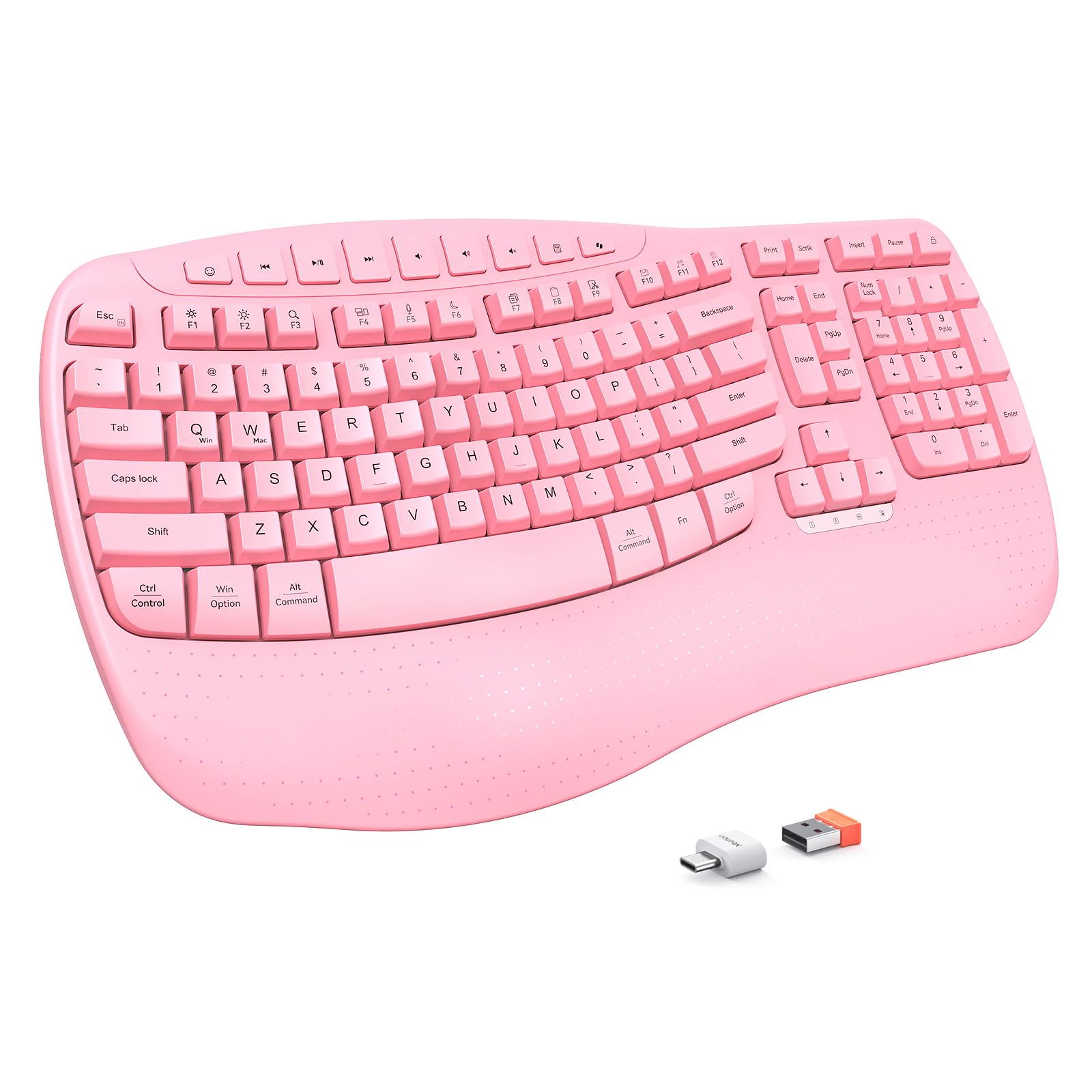 Photo 1 of MEETION Wireless Ergonomic Keyboard, Wave Keys Wrist Rest Natural Typing Keyboard, 2.4G USB-A Cordless Receiver and USB-C Adapter, Ergo Computer Keyboard Compatible with Windows/Mac/Laptop/PC, Pink