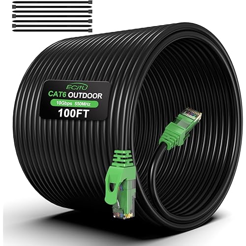 100FT Cat6 Outdoor Ethernet Cable, In-Ground, Heavy Duty Direct Burial, 24AWG CCA Patch Cord for Laptops, PCs, Routers, Printers, Surveillance Camera, PoE, UTP Cat 6 Internet Cable with 25 Cable Ties