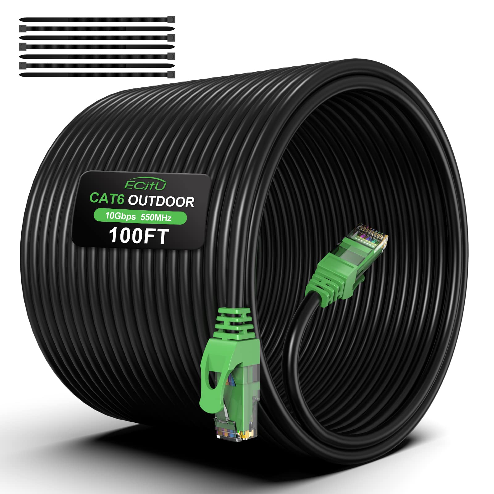 100FT Cat6 Outdoor Ethernet Cable, In-Ground, Heavy Duty Direct Burial, 24AWG CCA Patch Cord for Laptops, PCs, Routers, Printers, Surveillance Camera, PoE, UTP Cat 6 Internet Cable with 25 Cable Ties
